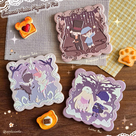 Embossed Wooden Pin & Magnet - Professor Layton, Princess Tutu, Letter Bee